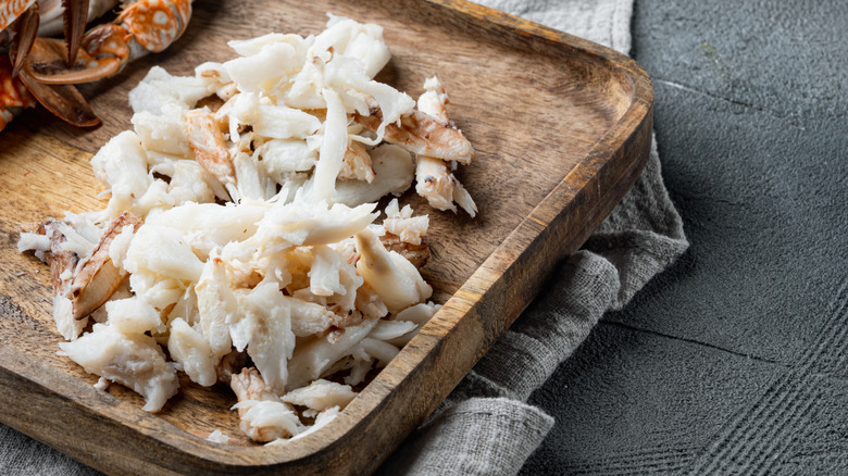 crabmeat on a wooden platter