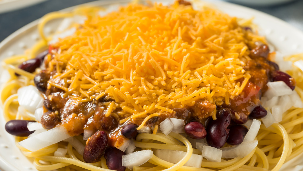 Cincinnati chili with beans on a white plate 