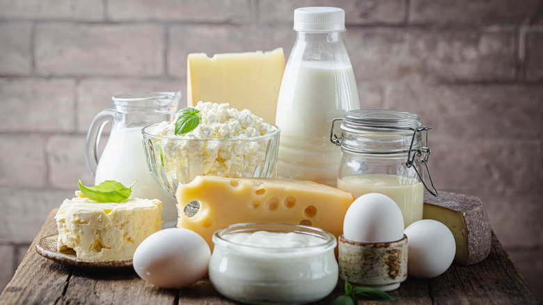 Eggs and dairy on a wooden table