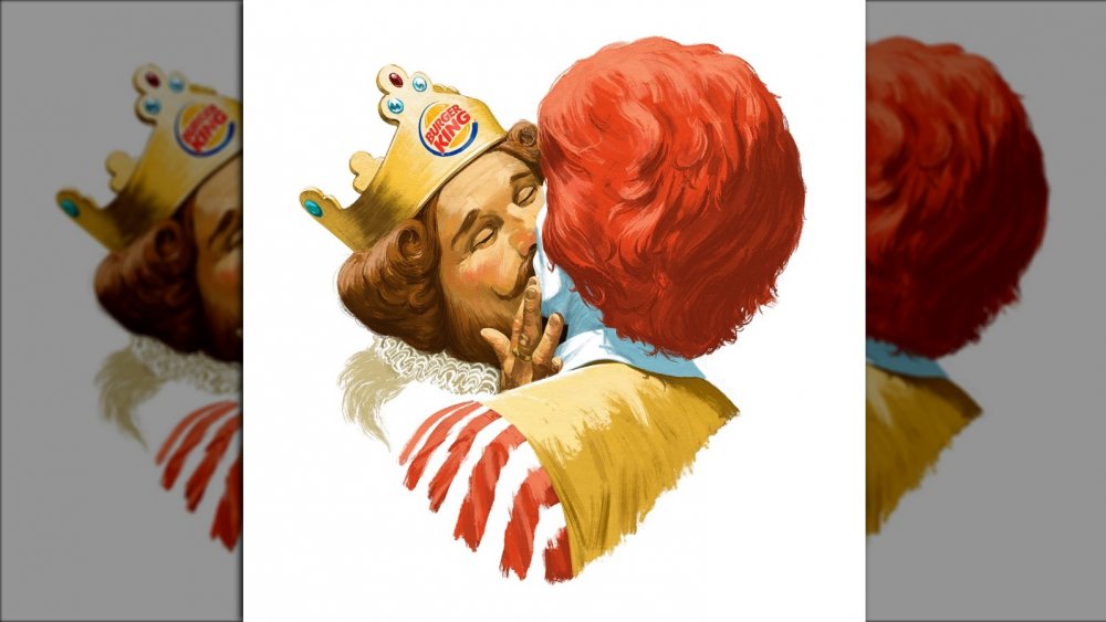 Burger King kissing Ronald McDonald