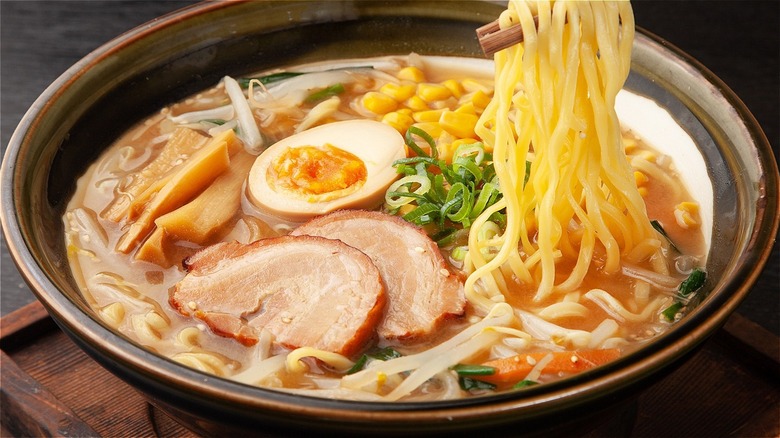 Bowl of ramen with egg, pork, vegetables