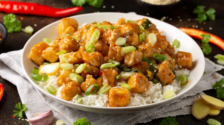 crispy tofu over rice