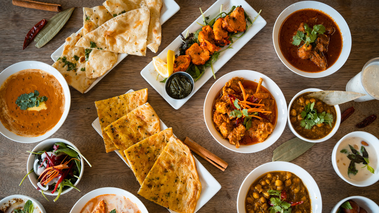 overhead view of Indian dishes