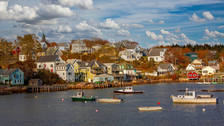 Fishing boats in the harbor next to Stonington, Maine.