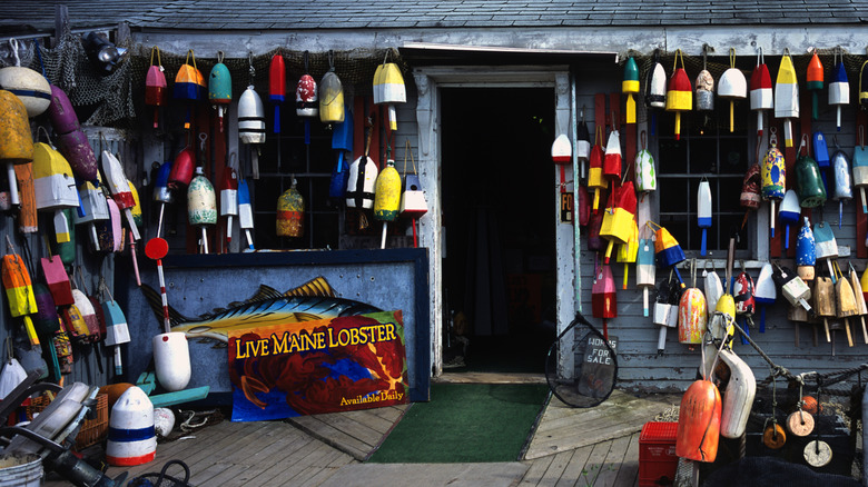 Colorful lobster buoys hanging from building with sign reading "Live Main Lobster."