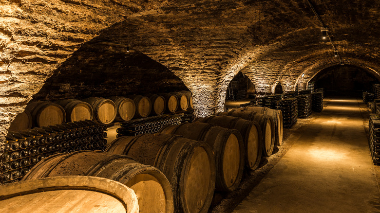 Wine barrels in a cave cellar
