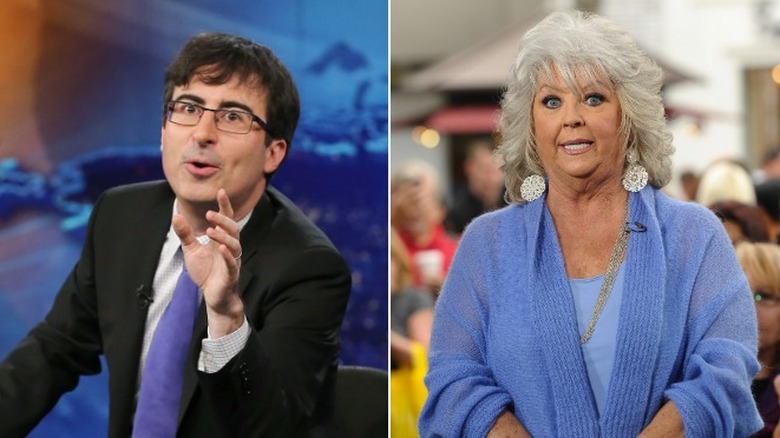 John Oliver behind the Daily Show desk and Paula Deen looking startled