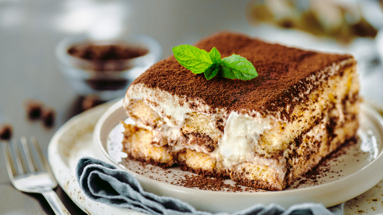 Tiramisu with a mint leaf