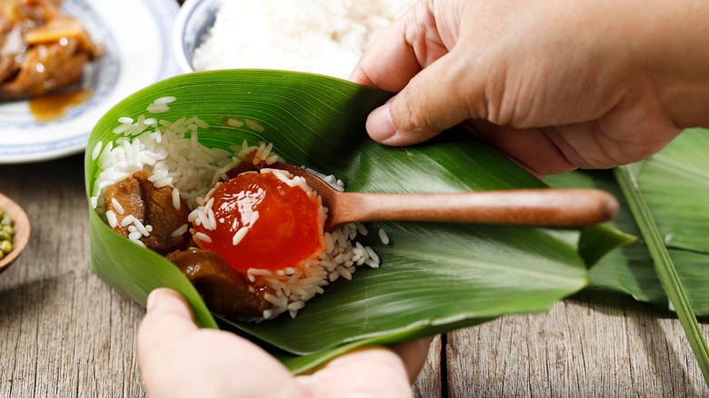 Salted egg yolk used in a Chinese rice dish 
