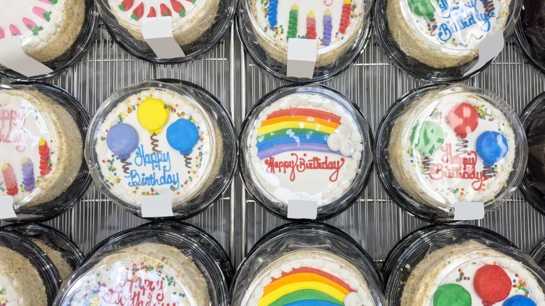 Looking down on packaged birthday cakes