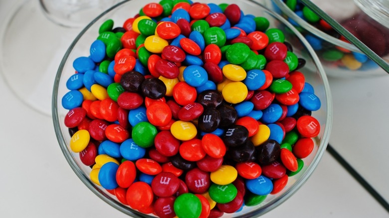 Glass bowl of M&M's