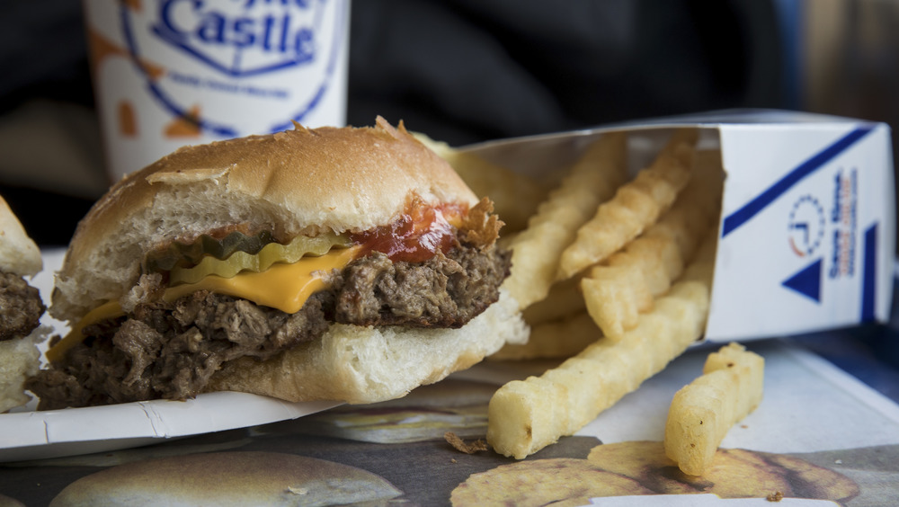 White Castle slider with French fries on a plate