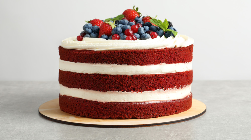 Red velvet cake on a countertop