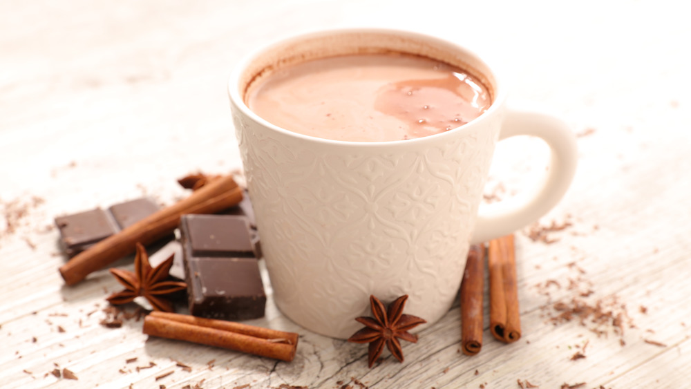 White mug of hot chocolate with chocolate chunks, cinnamon sticks, and allspice