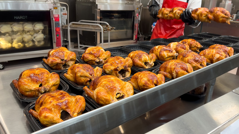 rotisserie chickens at Costco ready for packaging
