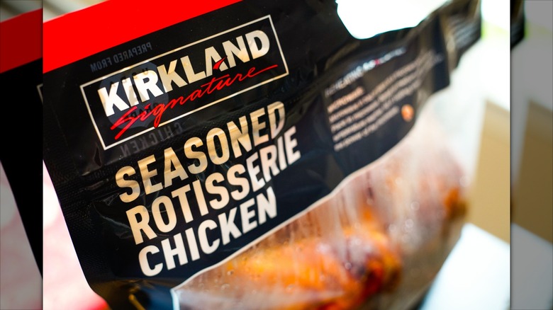 package containing Kirkland Signature seasoned rotisserie chicken