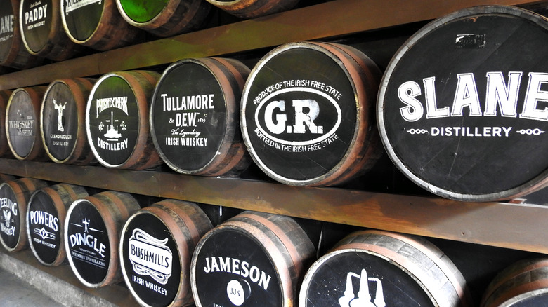 Barrels of Irish Whiskey with white lettering