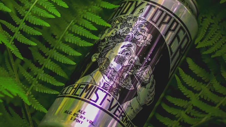 Heady Topper can amidst fern leaves