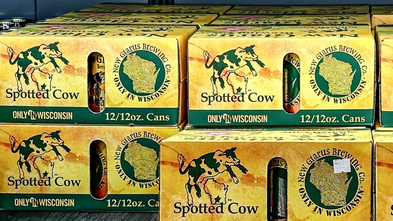 Spotted Cow boxes on store shelf