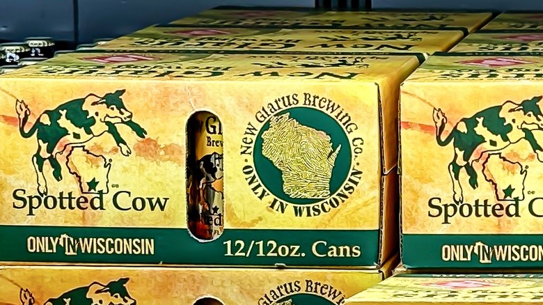 Spotted Cow boxes on store shelf