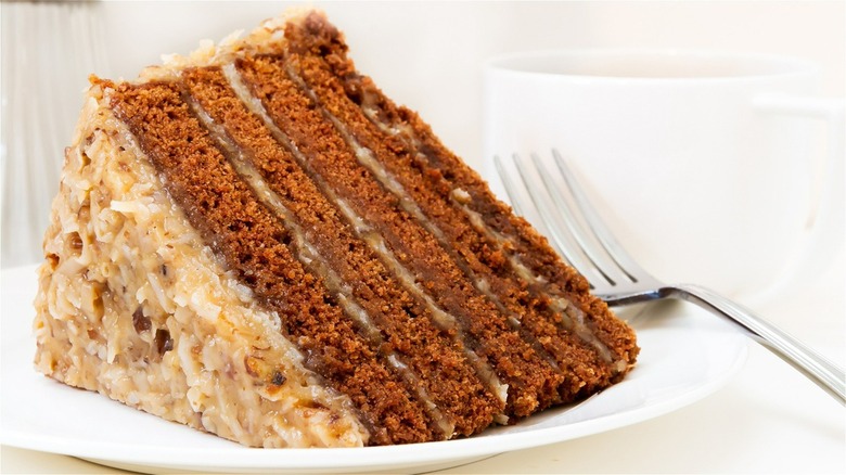 German chocolate cake slice with fork