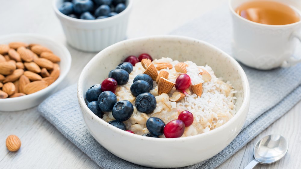 Bowl of oatmeal, cup of tea