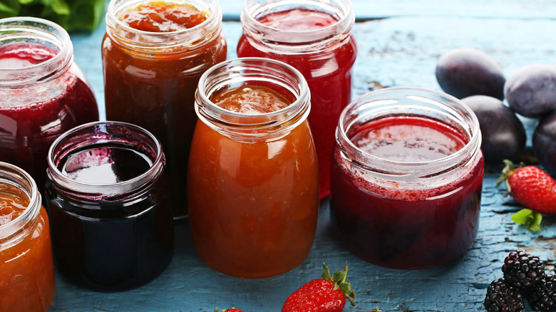 Different types of jam in jars