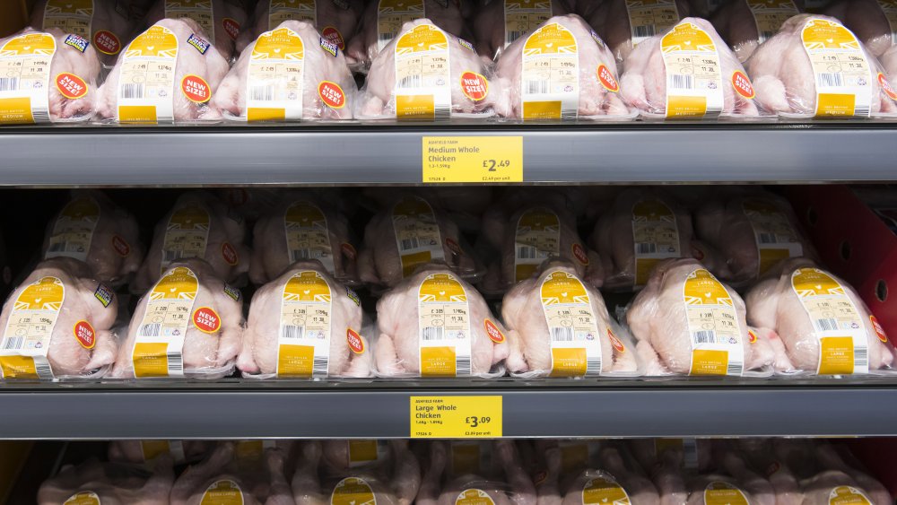An army of chicken corpses arrayed on the shelf in the supermarket.