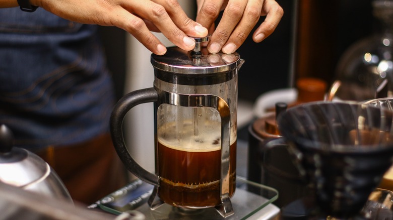 Barista hands pressing coffee on a french press