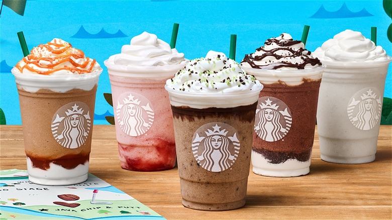 A variety of Starbucks frappucinos