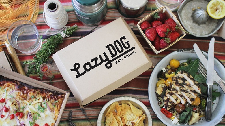 Lazy Dog takeout box and food