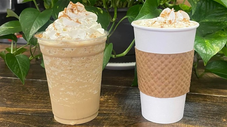 Iced and hot pumpkin spice lattes
