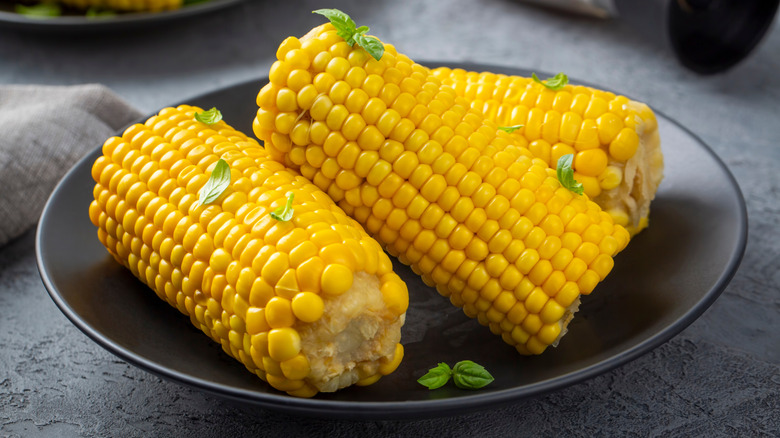 Three ears of corn on black plate
