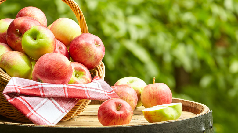 Apples on a barrel with a garden in the background