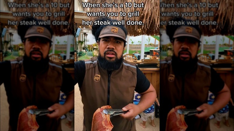 person holding steak with tongs