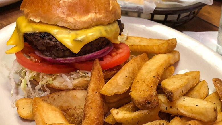 meal at Texas roadhouse with burger and fries