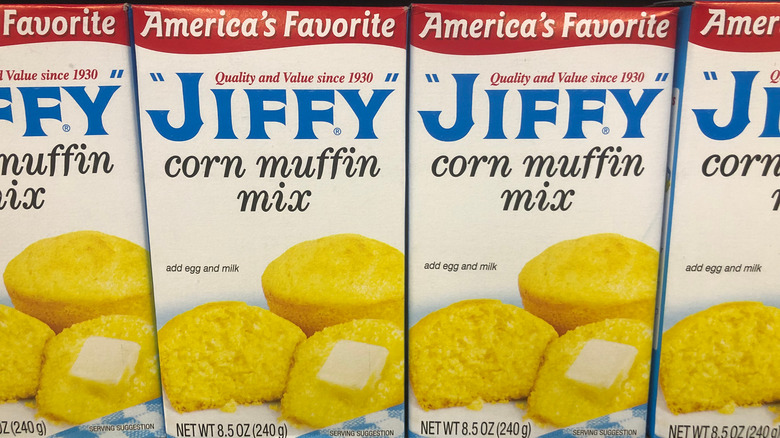 Row of Jiffy Corn Muffin Mix boxes