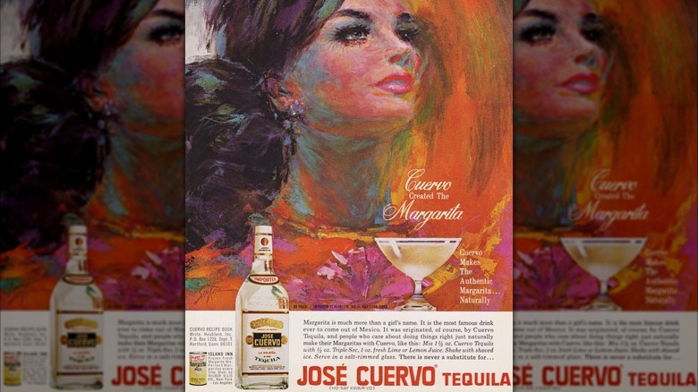 An orange hued oil painting of a brunette woman looking into the distance dominates a poster ad for a José Cuervo Margarita.