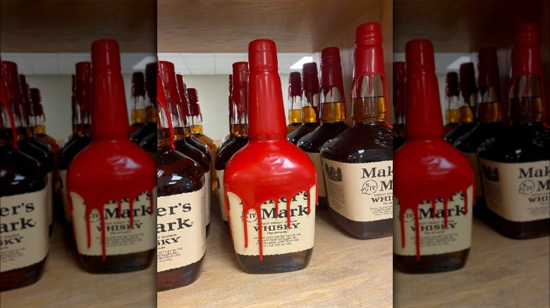 Maker's Mark bottle with the red wax covering part of the label