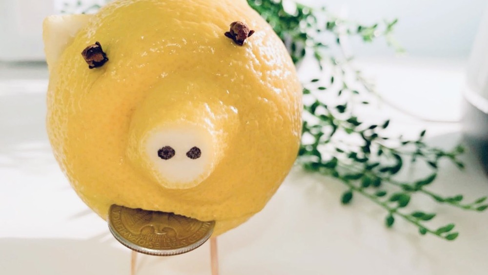 Lemon pig with penny in mouth