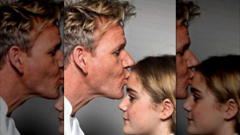 Tilly Ramsay as a child, being kissed on the forehead by her father Gordon Ramsay