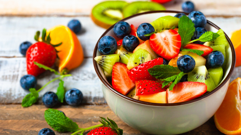 Summer fruits cut up in a bowl