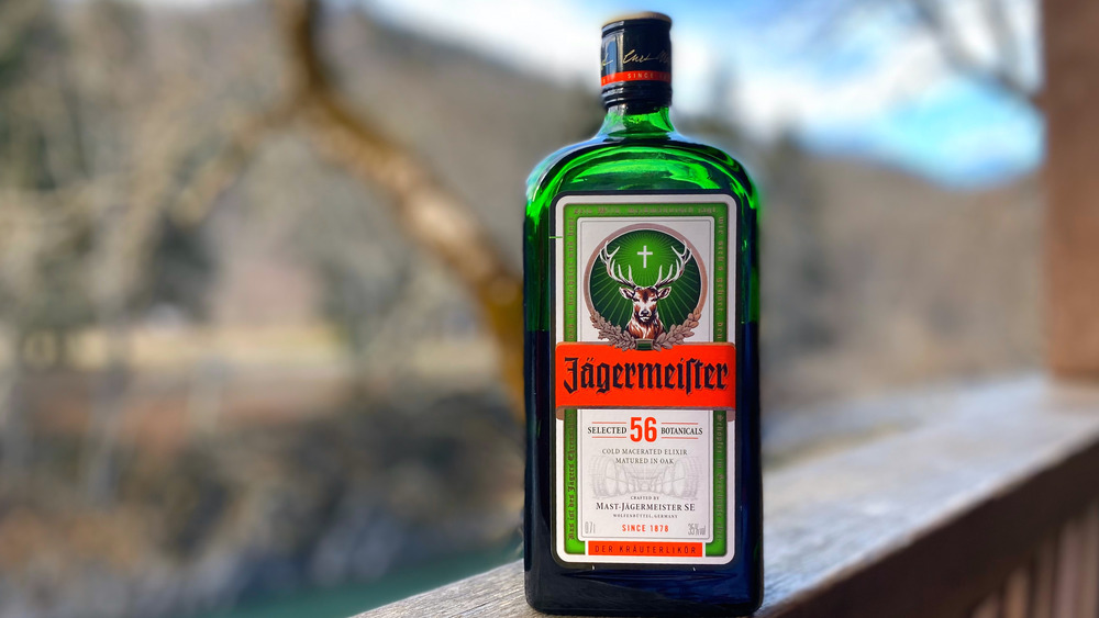 Bottle of Jägermeister against nature background