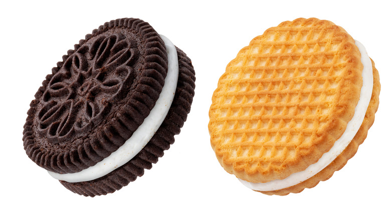 Oreo-like cookie with golden wafer cookie 