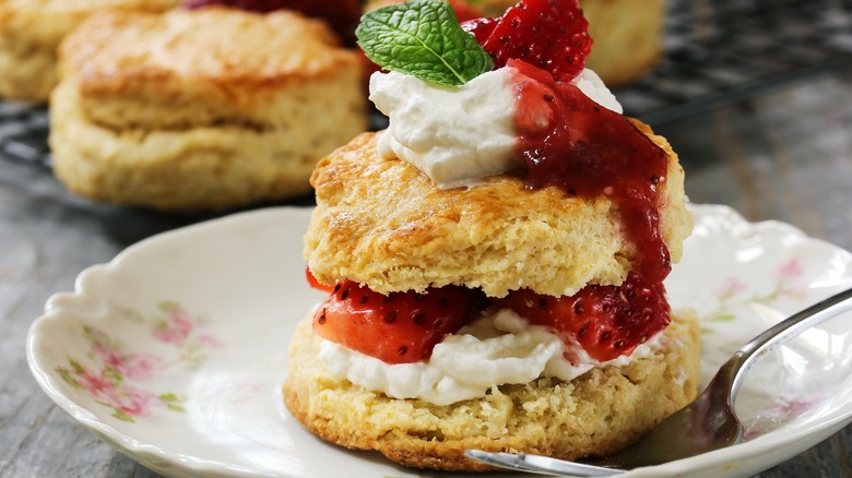 Dessert plate with strawberry shortcake stack