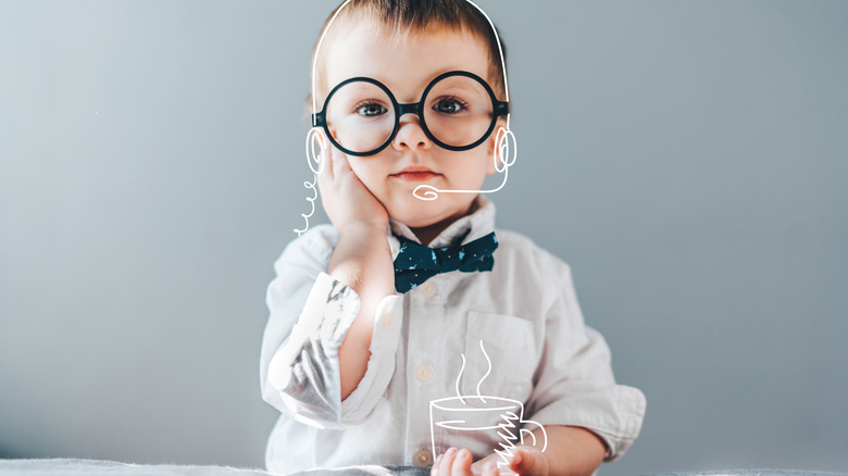 Toddler with sketched-in coffee mug