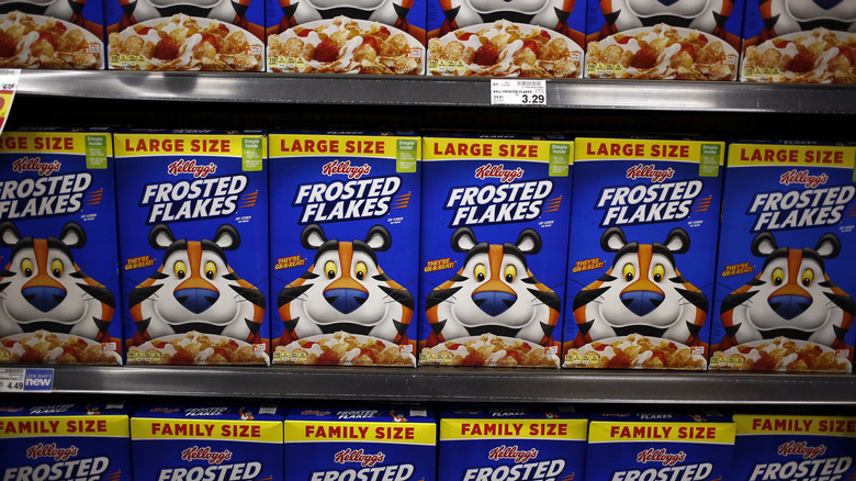 Frosted Flakes cereal boxes in a grocery store 
