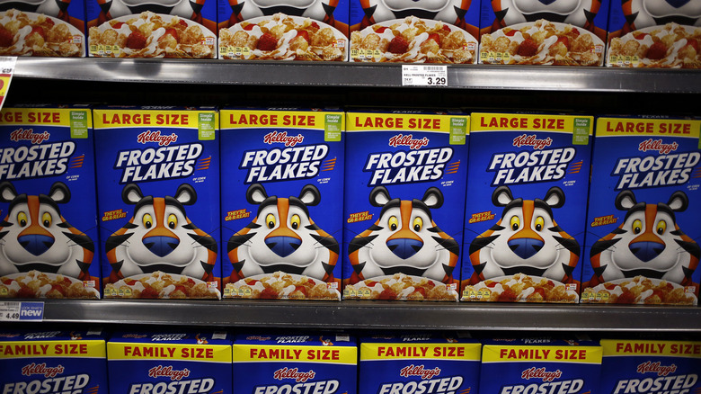 Frosted Flakes cereal boxes in a grocery store 