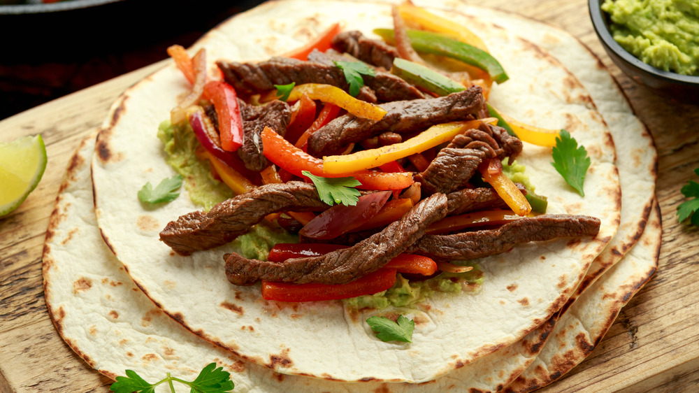 Steak fajitas on tortilla