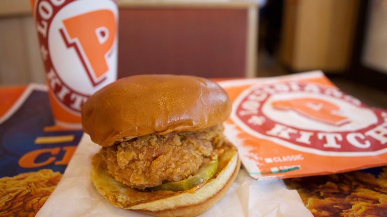 Popeyes chicken sandwich on tray